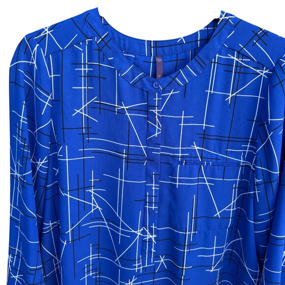 NYDJ Womens Blue Geometric Print Long Sleeve Pleated Back Preppy Tunic Blouse M - Picture 3 of 9